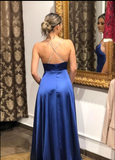 Blue Spaghetti Straps Prom Dresses,Simple Party Dresses,Split Evening Dress With Train