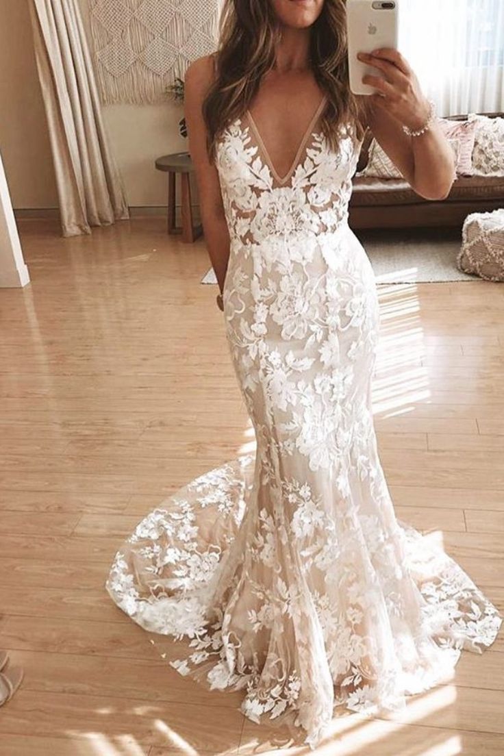Elegant V Neck Lace Mermaid Wedding Gown Bride Dresses
