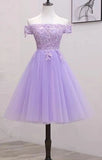 Lavender Lace Shoulder Short Cocktail Dresses A-line