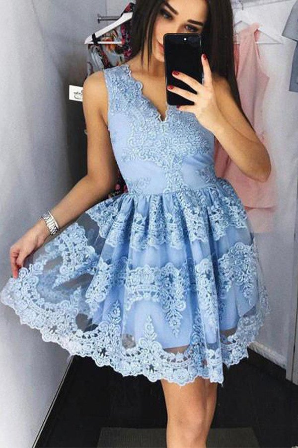 Simple V Neck Short Prom Dress,Lace Appliques Floral Homecoming Dress Party Dresses