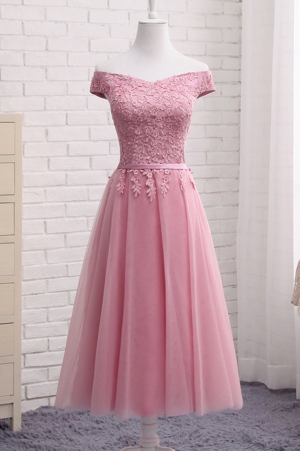 Gorgeous Pink A Line Lace Off Shoulder Prom Dress,Cheap evening dresses,Sexy Formal Dress