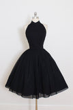 Black Halter Short Sleeve Homecoming Dress,A Line Open Back Short Prom Dresses