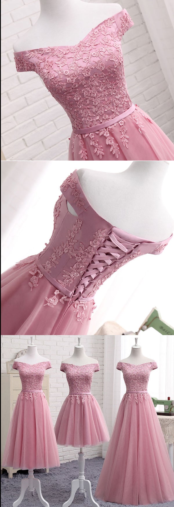 Gorgeous Pink A Line Lace Off Shoulder Prom Dress,Cheap evening dresses,Sexy Formal Dress