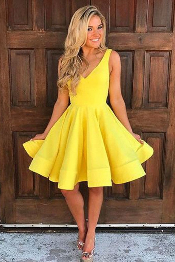Yellow V Neck Homecoming Dresses,Sleeveless Short Prom Dress