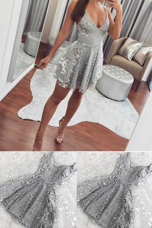 Silver Spaghetti Straps Backless V-neck Mini Lace Homecoming Dress,Cocktail Dresses