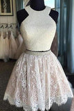 Two Piece Short White Lace Prom Dress with Pearls,Short Homecoming Dresses