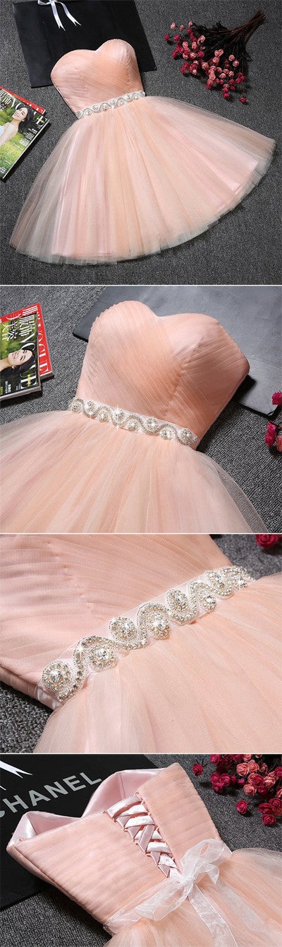 Blush Pink Tulle Strapless Sweetheart Neck Short Prom Dresses,Mini Homecoming Dress