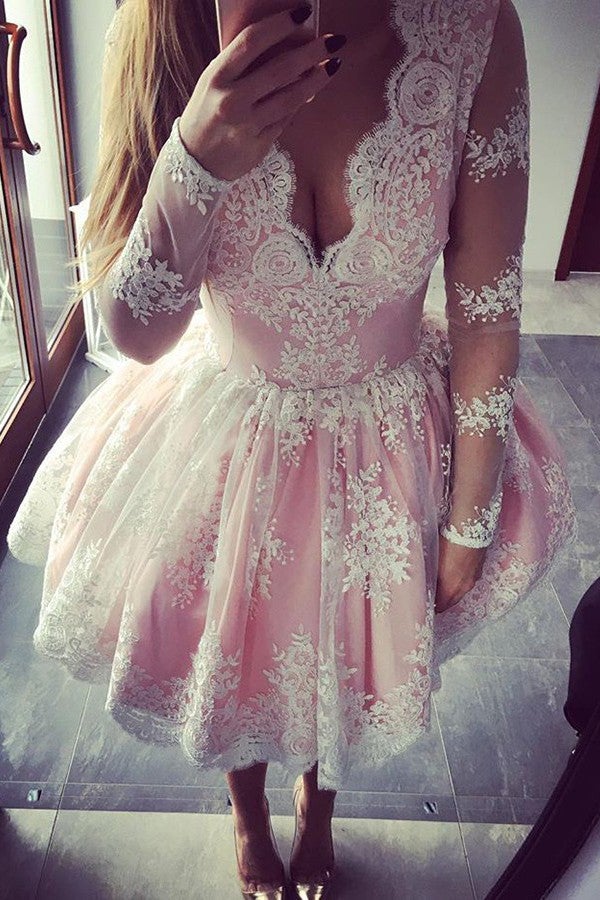 Cute A-line Pink Short Homecoming Dress,Long Sleeves Party Dresses