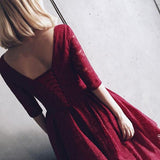 Half Sleeves Burgundy Homecoming Dress With Lace V Neck Short Prom Dress