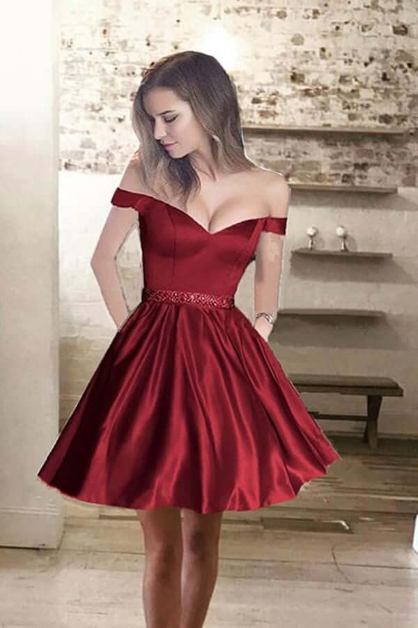 A line Off Shoulder Homecoming Dress,Satin Cheap Short Prom Dresses