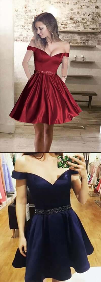 A line Off Shoulder Homecoming Dress,Satin Cheap Short Prom Dresses