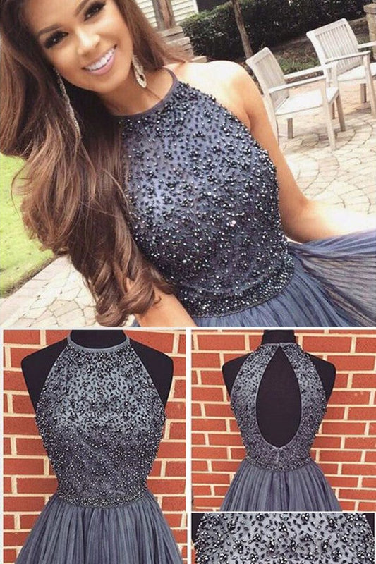 A-line Gray Halter High Neck Beaded Short Prom Dress,Tulle Homecoming Dresses