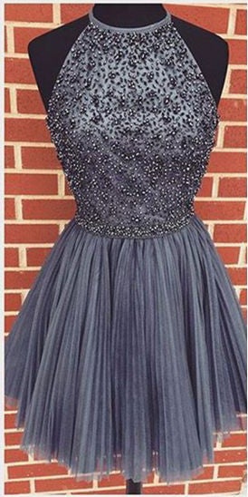 A-line Gray Halter High Neck Beaded Short Prom Dress,Tulle Homecoming Dresses