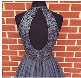 A-line Gray Halter High Neck Beaded Short Prom Dress,Tulle Homecoming Dresses