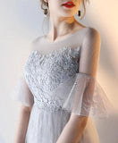 Elegant Gray Tulle A-Line Short Sleeves Lace Prom Dresses Evening Dress