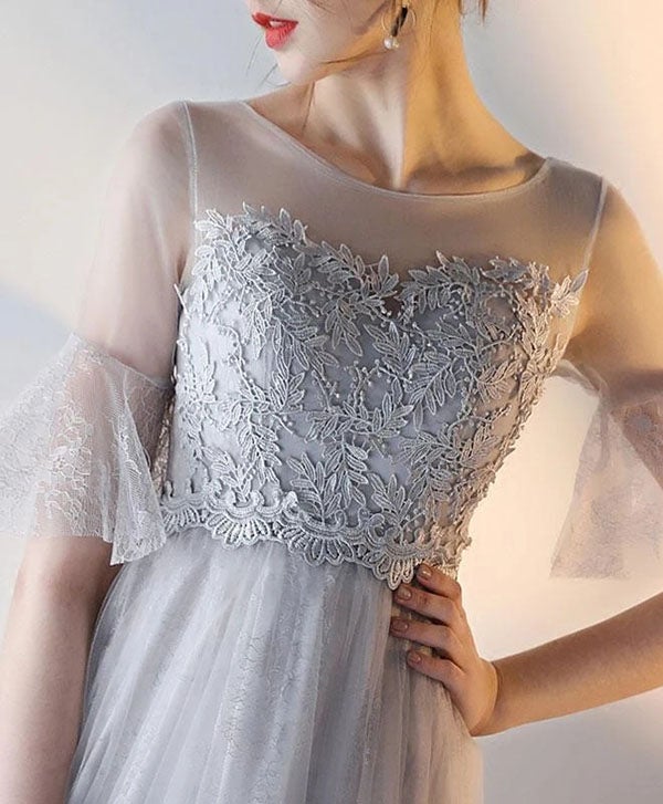 Elegant Gray Tulle A-Line Short Sleeves Lace Prom Dresses Evening Dress