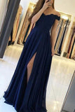 Simple Navy Chiffon A Line Off the Shoulder Prom Dresses With Side Split