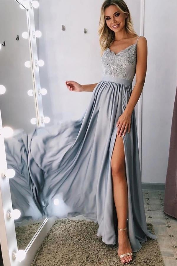 Gray Lace A-line V-neck Spaghetti Straps Long Prom Dress With Appliques