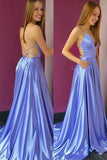 Simple Satin Lilac A-Line V-neck Spaghetti Straps Prom Dress with Pockets