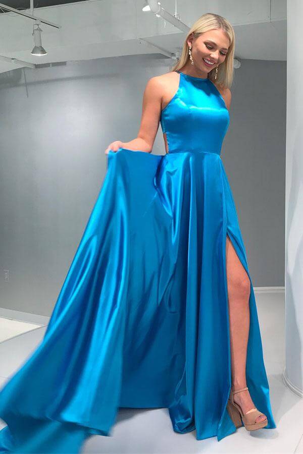 Simple Blue Satin A-line Open Back Sweep Train Prom Dresses With Slit