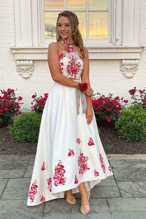 Colorful Embroider High Low Halter Two Pieces Long Prom Dress