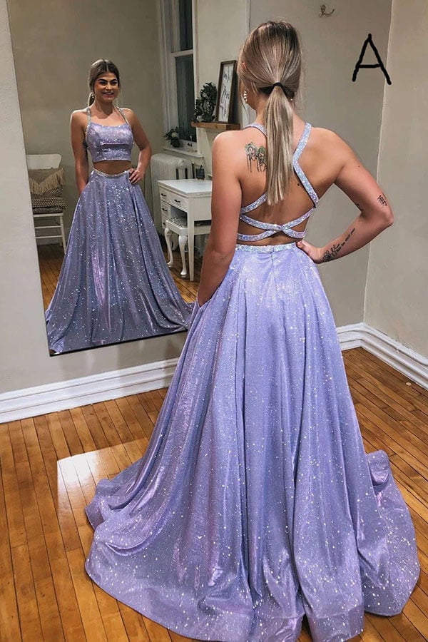 Sparkly A-line Two Piece Crossed Back Straps Long Prom Dress