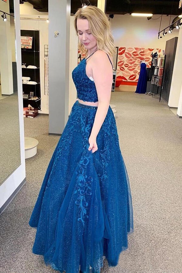 Mykonos Blue Sparkly Two Pieces Appliqued Spaghetti Straps Prom Dress