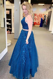 Mykonos Blue Sparkly Two Pieces Appliqued Spaghetti Straps Prom Dress