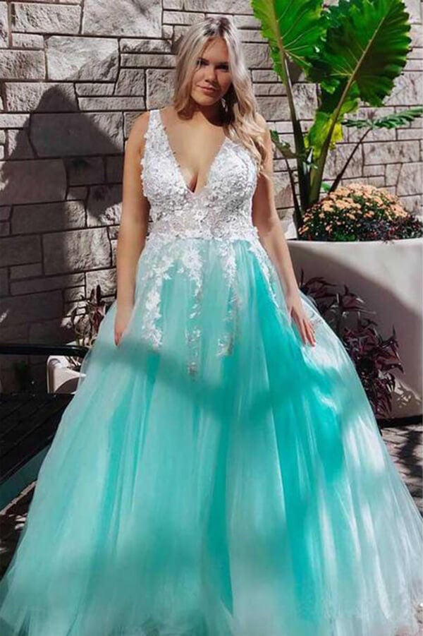Turquoise Lace Ball Gown Appliqued Prom Dresses, Quinceanera Dress