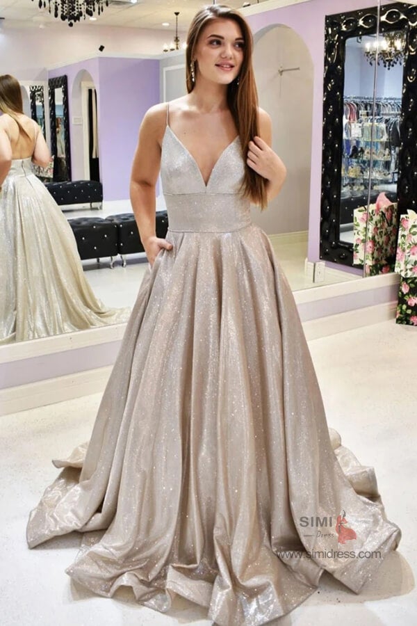 Sparkly Ball Gown V-neckline Spaghetti Straps Long Prom Dresses