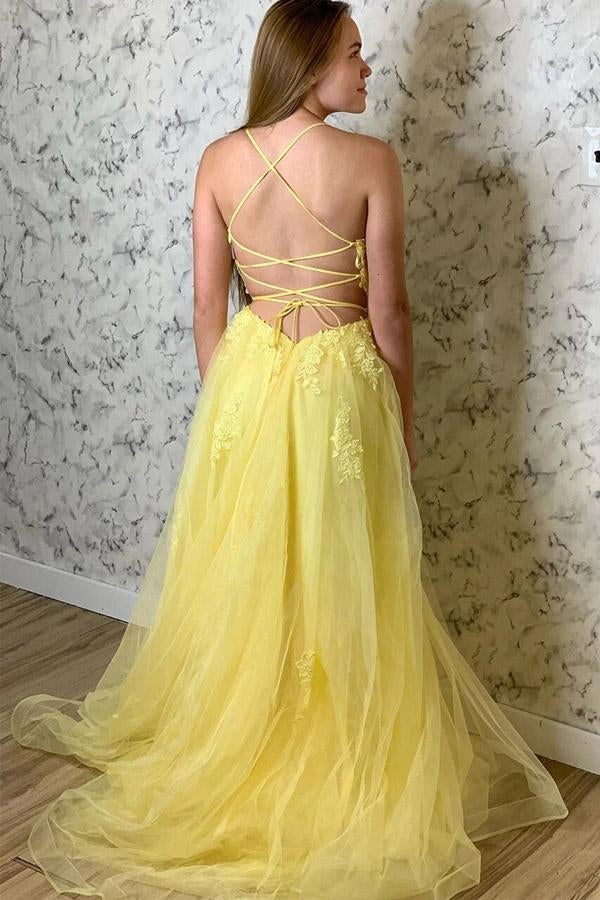 Yellow A-line Spaghetti Straps Lace Up Prom Dress With Lace Appliques