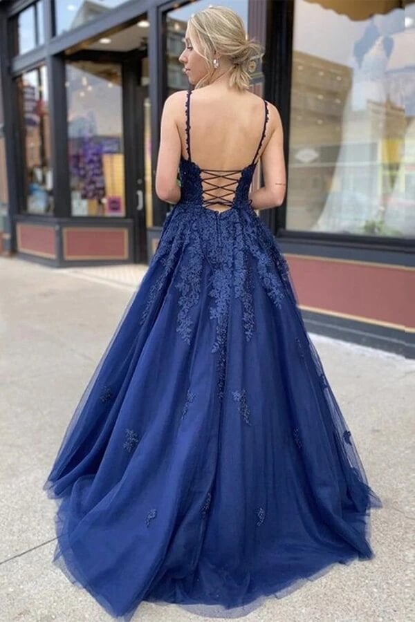 Navy Blue Tulle A-Line V-neck Lace Long Prom Dresses, Evening Dress