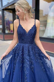 Navy Blue Tulle A-Line V-neck Lace Long Prom Dresses, Evening Dress