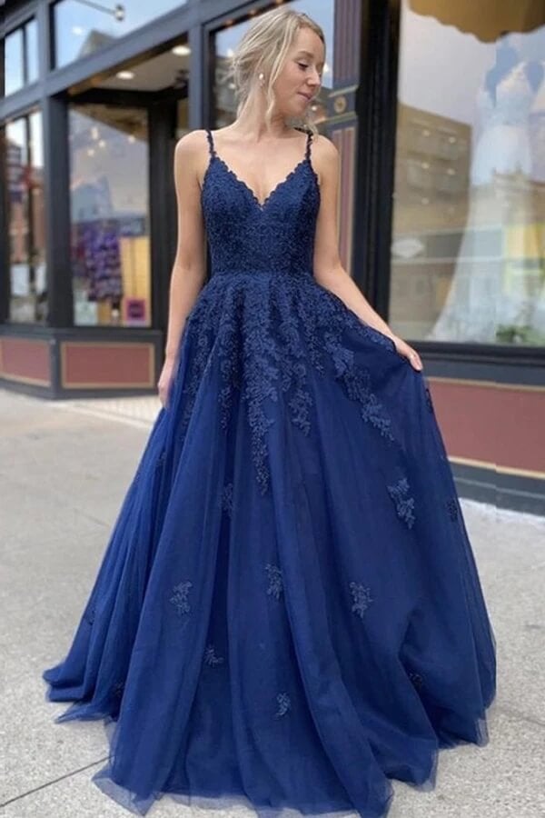 Navy Blue Tulle A-Line V-neck Lace Long Prom Dresses, Evening Dress