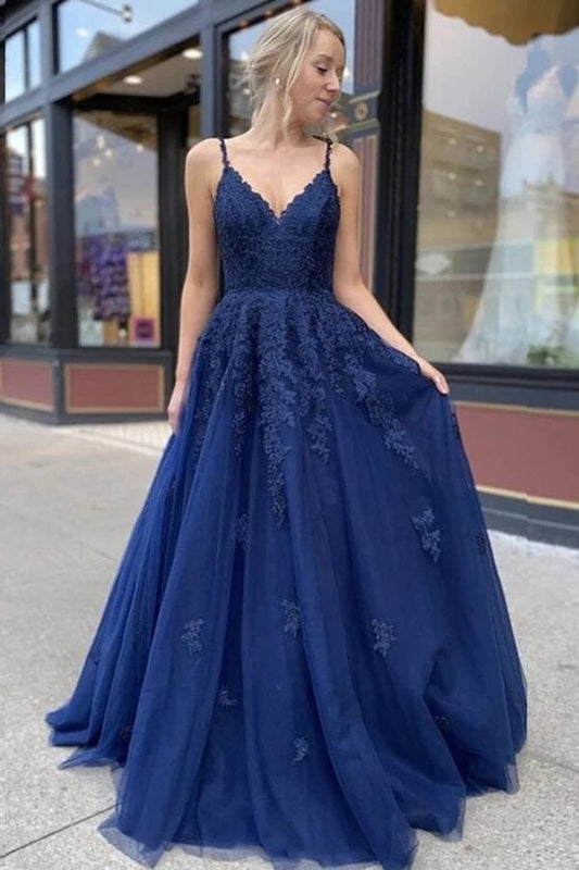Navy Blue Tulle A-Line V-neck Lace Long Prom Dresses, Evening Dress
