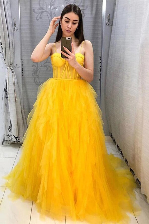 Yellow A-line Organza Spaghetti Straps Prom Dresses, Evening Dresses