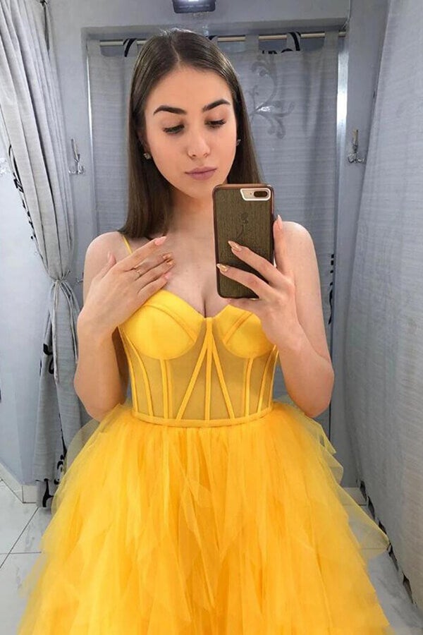 Yellow A-line Organza Spaghetti Straps Prom Dresses, Evening Dresses