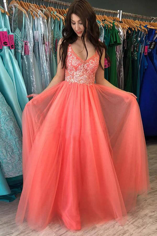 Rustic Watermelon A-line V-neck Prom Dresses With Lace, Formal Dress