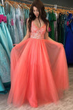 Rustic Watermelon A-line V-neck Prom Dresses With Lace, Formal Dress