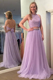 Lilac Halter Two Pieces Beaded Prom Dresses, Evening Dress With Appliques