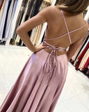 Simple Stretch Satin A-Line Scoop Split Long Prom Dress, Evening Gowns