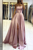 Simple Stretch Satin A-Line Scoop Split Long Prom Dress, Evening Gowns