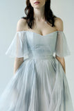 Unique Grey Blue Off-the-Shoulder Long Prom Dresses,Garden Wedding Dresses