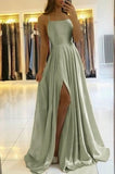 Sage Green Prom Dress With Slit Simple A Line Long Evening Dresses