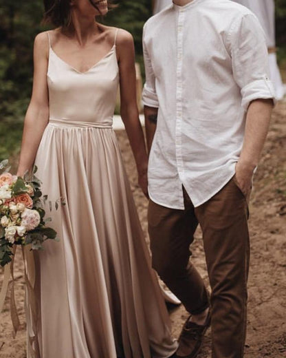 Simple Boho Wedding Dress Satin Open Back Formal Outfit