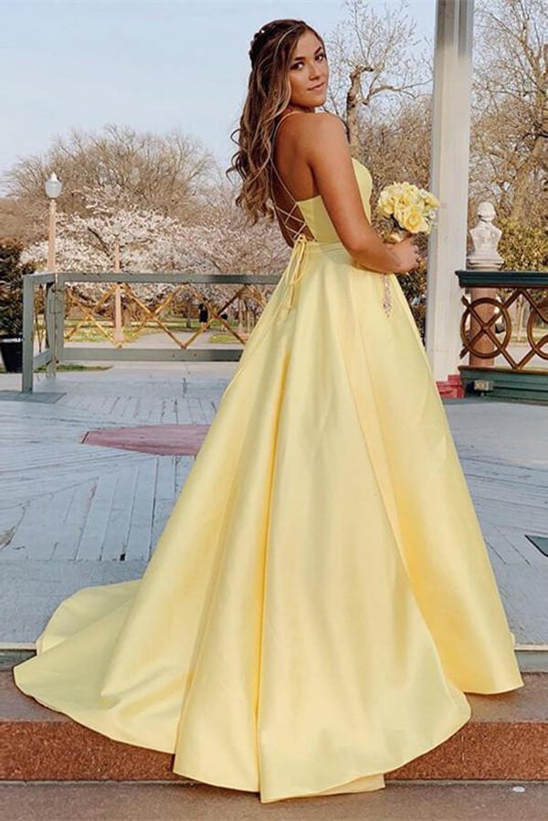 Satin Rhinestones A-line Spaghetti Straps Long Prom Dresses, Evening Dress