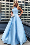 Satin A-line Sky Blue Prom Evening Dress Pearls With Pockets