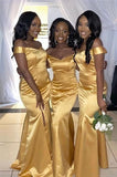 Sexy African Gold Bridesmaid Dresses,Mermaid Off Shoulder Side Slit Wedding Guest Gowns