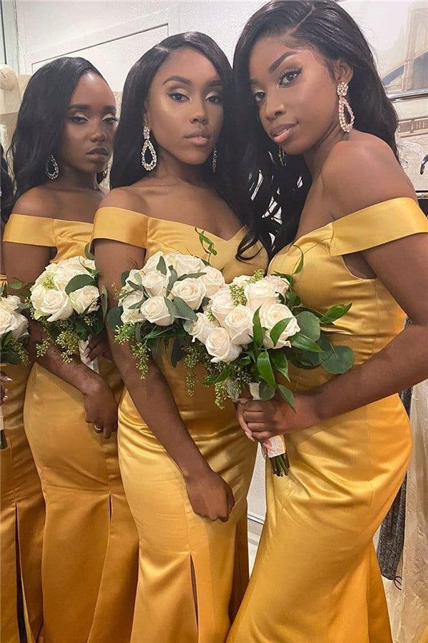 Sexy African Gold Bridesmaid Dresses,Mermaid Off Shoulder Side Slit Wedding Guest Gowns