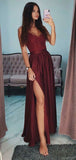 Sexy Burgundy Spaghetti Straps Lace Side-slit A-line Cheap Long Prom Dresses